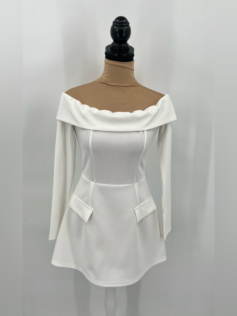 White Off Shoulder tailored Long Sleeve Mini Dress bridal coquette grad Dress S - Picture 2 of 13